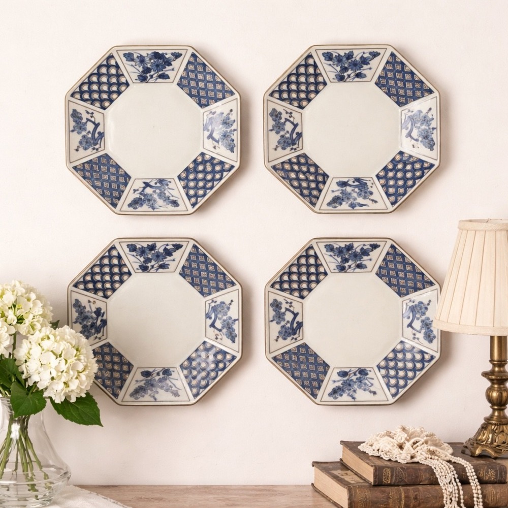 Set of 4‎ Vintage Blue White Octagonal Plates Imari Style Sakura Floral Japan 7"